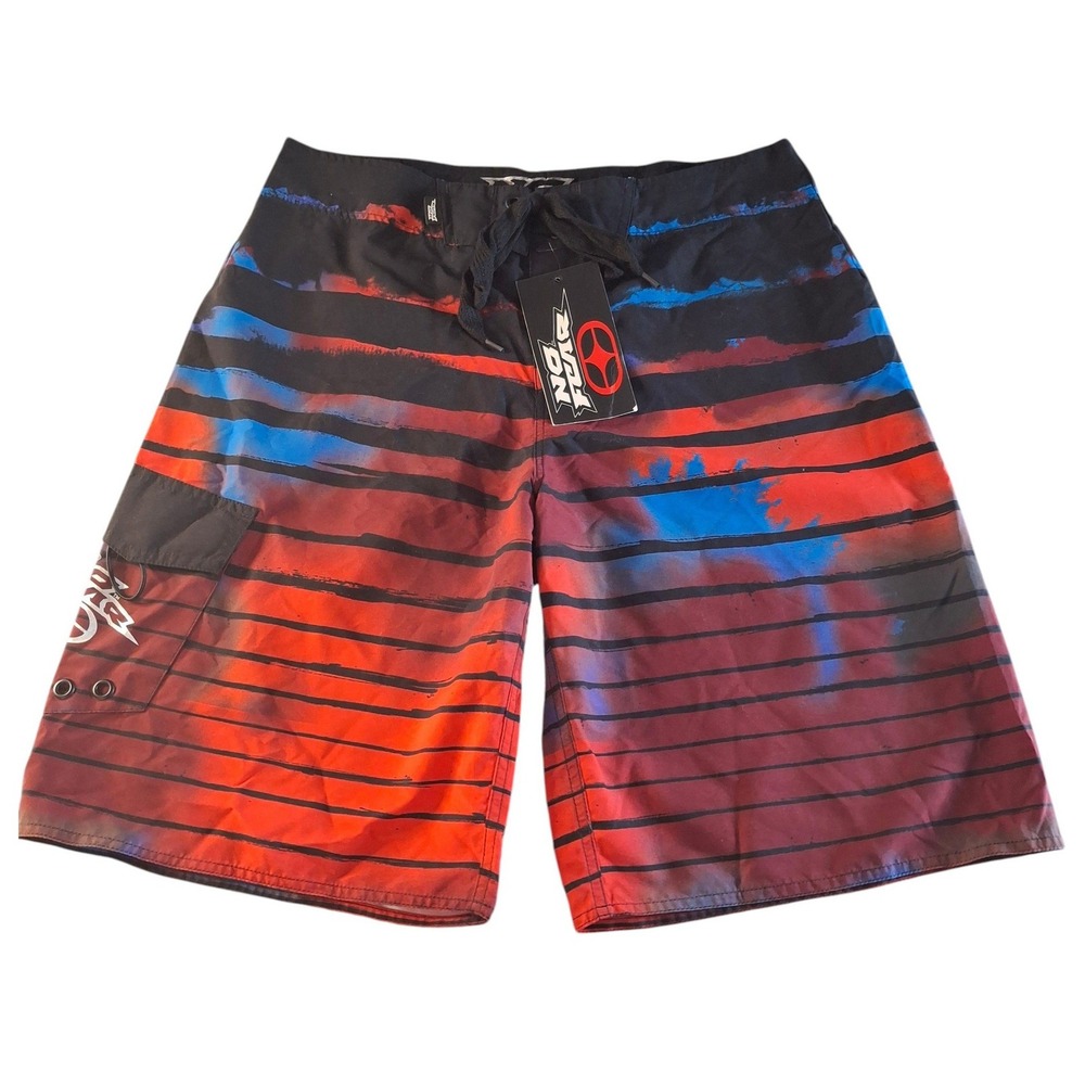 No‎ Fear Board Shorts Mens 32 Striped Multicolor Swim Trunks Cargo Pocket NWT